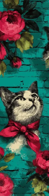 Cat bookmarks featuring a red scarf cat with teal wall and red flowers